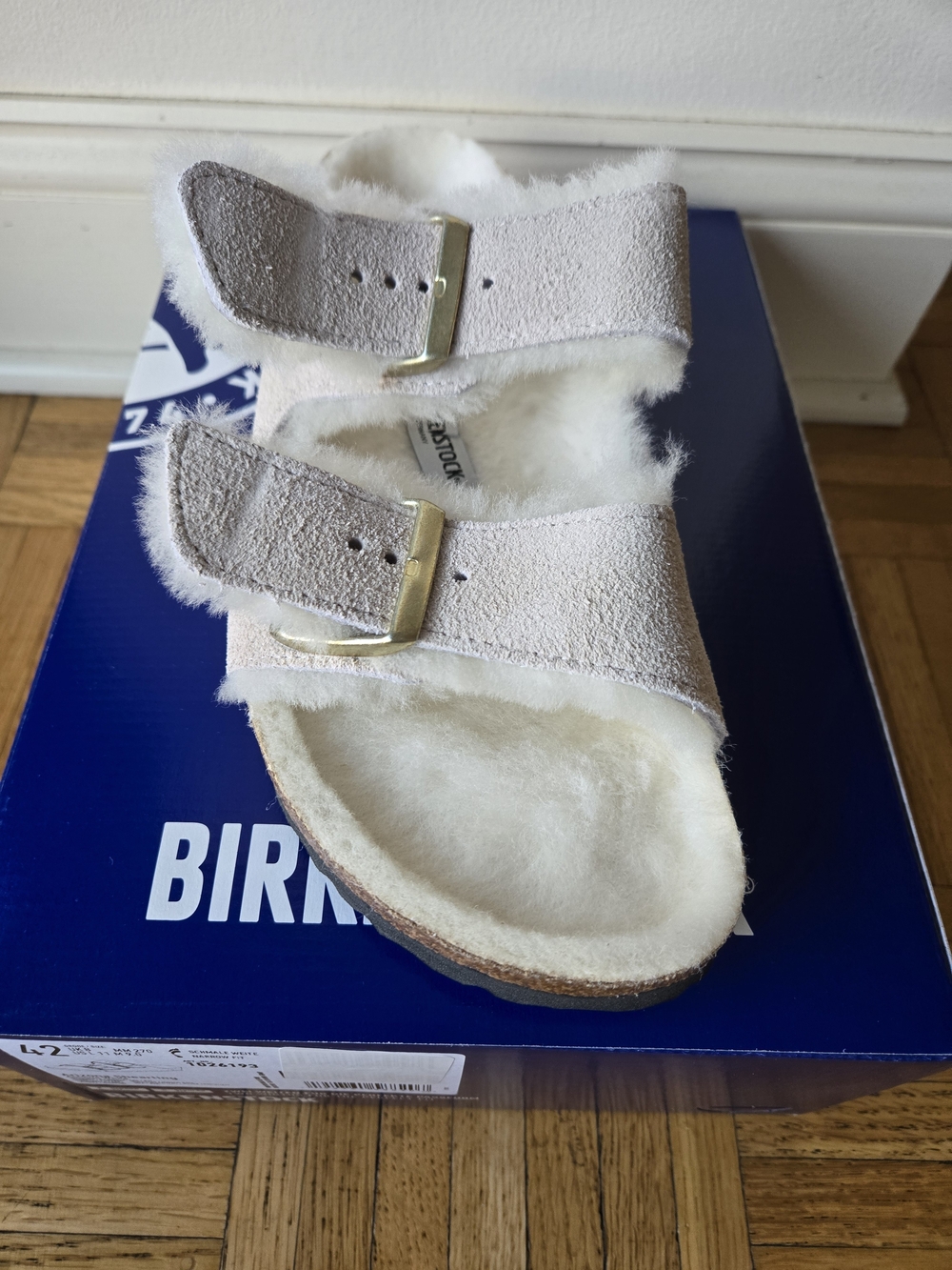 Brand New Birkenstock Fur-Lined Suede Two-Strap Sandal in White